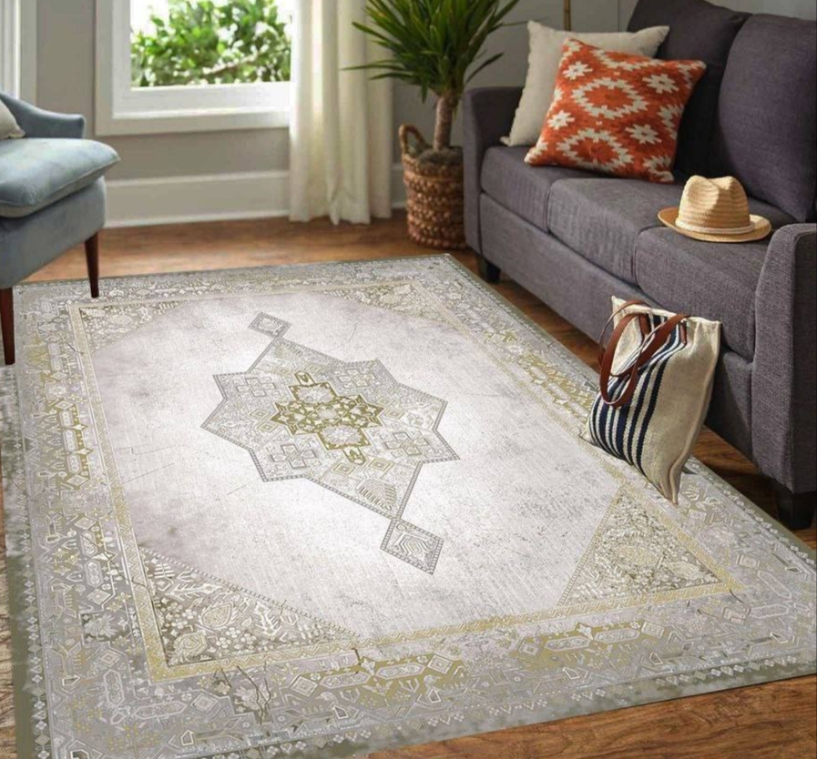 کاور فرش کشدار طرح کلاسیک ۲۵۷۷ رنگ طوسی ترکیب سبز زیتونی کیفیت عالی ضهیم رنگ ثابت