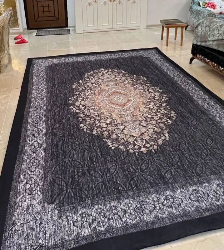 کاور فرش و روفرشی کشدار رنگ سرمه ای با گل کرم قهوه ای کد 1416 (با فیلم)