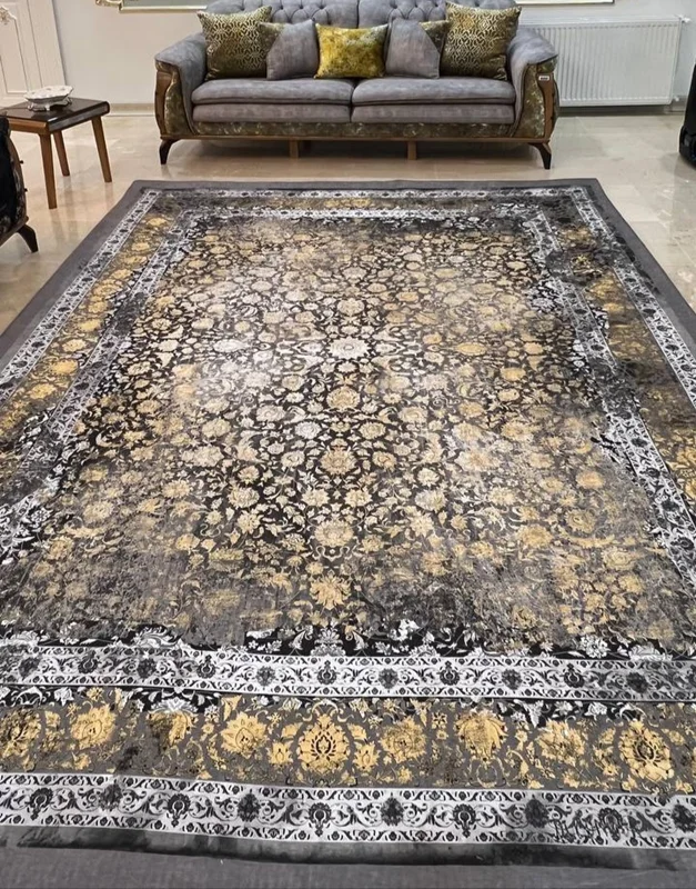 کاور فرش و روفرشی کشدار رنگ طوسی ترکیب طلایی کد 1614 (با فیلم)