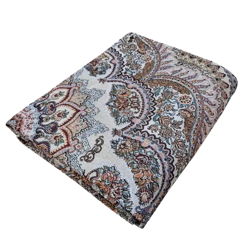 روفرشی سوپر گلشن یزد | جنس مخمل ابریشم | مدل گل شقایق | کد 808 | طوسی و کرم | سایزبندی