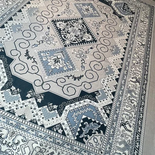 کاور فرش و روفرشی کشدار طرح سنتی رنگ فیلی ترکیب آبی و سرمه ای کد Rh1758 (با فیلم زنده)