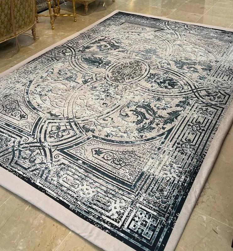 کاور فرش و روفرشی کشدار طرح زیبا و جدید رنگ زمینه فیلی ترکیب سرمه ای کد 1493 (با فیلم)