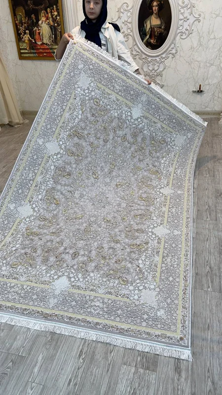 فرشینه استپ دار ۳ لایه ریشه دار (فرش لایت) کیفیت عالی با طرح با شکوه و سه بعدی جذاب رنگ طوسی فیلی ترکیب کرم طلایی کد fh1973 (با فیلم)