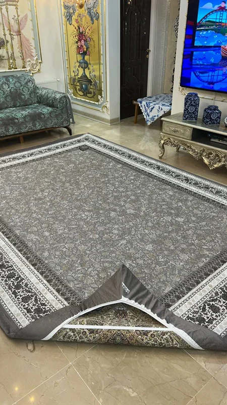 کاور فرش و روفرشی کشدار رنگ طوسی ترکیب کرم طلایی کد Rh1850 (با فیلم)/ cover carpet