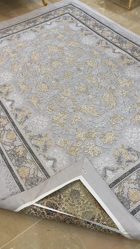 کاور فرش و روفرشی کشدار طرح فرش بسیار زیبا جدید رنگ طوسی ترکیب کرم طلایی کد Rh1671 (با فیلم زنده)