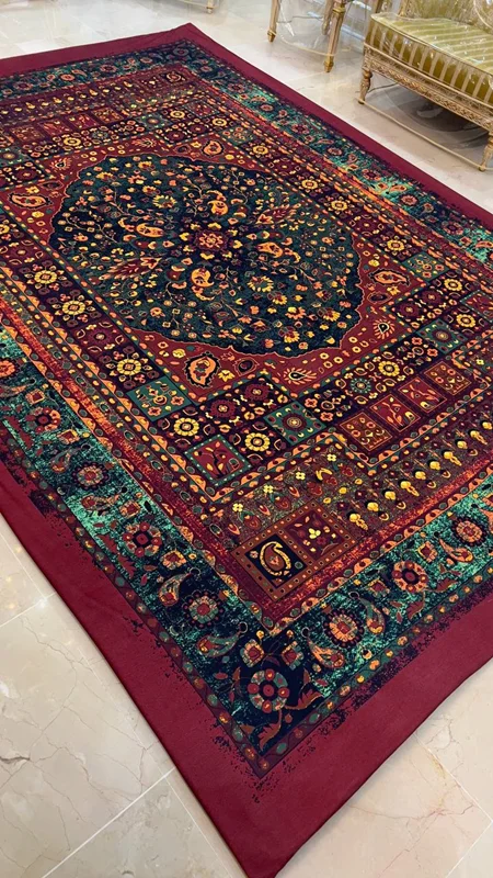 کاور فرش و روفرشی کشدار زیباترین طرح سنتی رنگ زرشکی با پارچه کیفیت درجه یک کد Rh2632 (با فیلم لایو) / cover carper code 2632